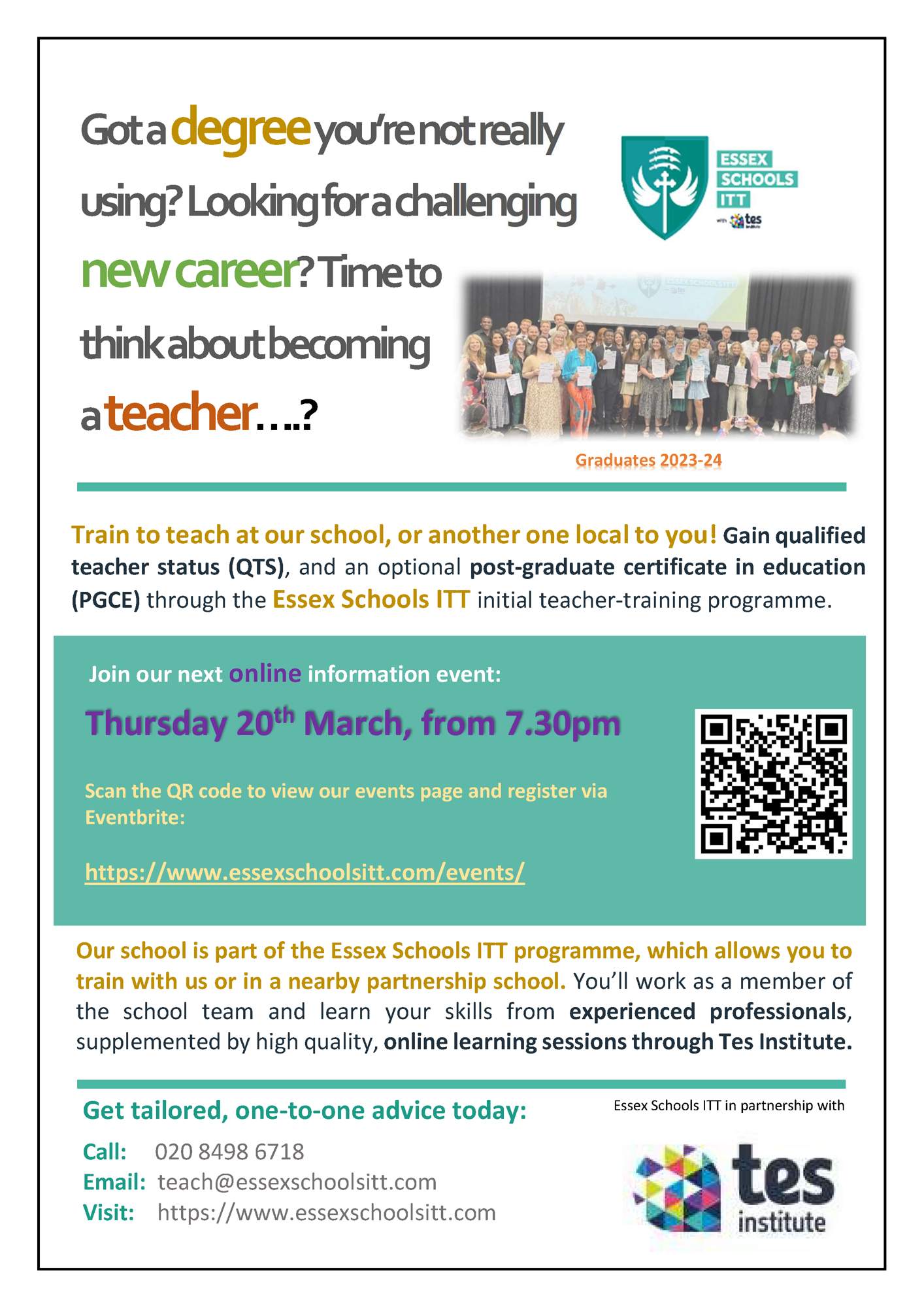 Essex Schools ITT teacher training event flyer   20th March 2025